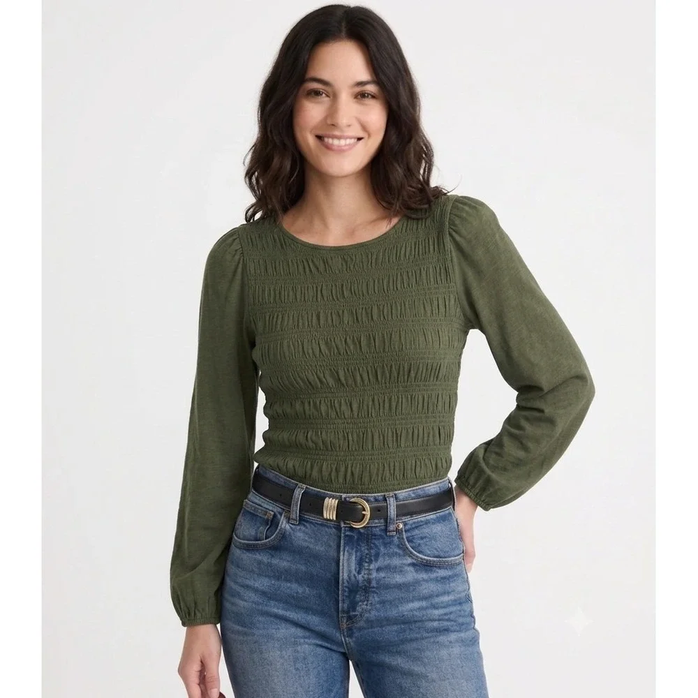 Madewell Shirt Large Smocked Boatneck Top Olive Green Puff Sleeve NY504